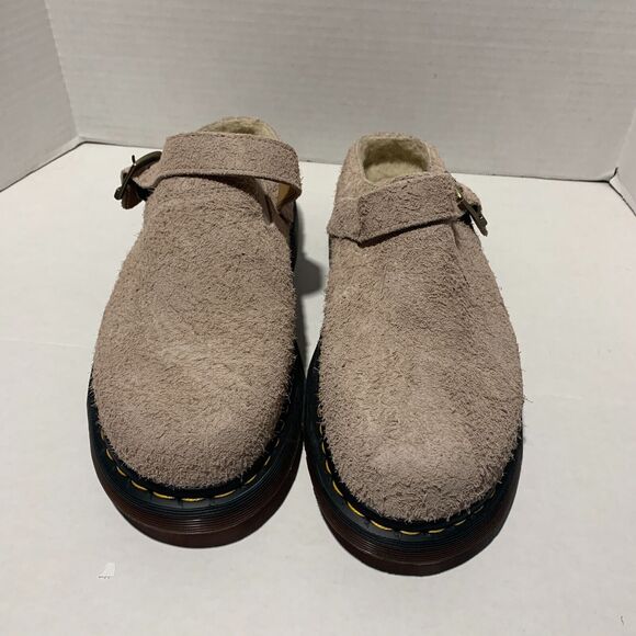 Dr Martens Isham Men\'s Sz 13 Taupe Long Napped Suede Buckle Fur Lined Clog main image 4